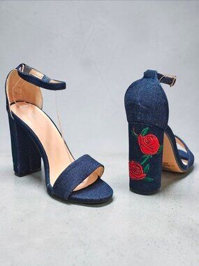 Denim Block Heels With Embroidered Red Rose Design & Adjustable Ankle Strap - Wo